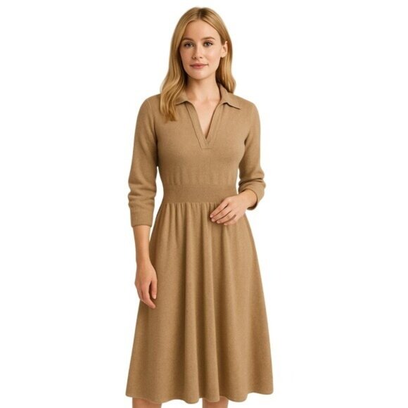 Unsubscribed Small Polo Sweater Dress Cashmere Blend Dark Tan NWT MSRP $248 - Picture 1 of 10